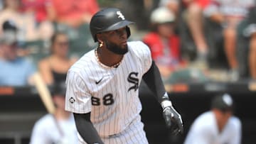 Aug 10, 2025; Chicago, Illinois, USA; Chicago White Sox center fielder Luis Robert Jr. (88) hits a single during the third inning against the Cleveland Guardians at Rate Field.