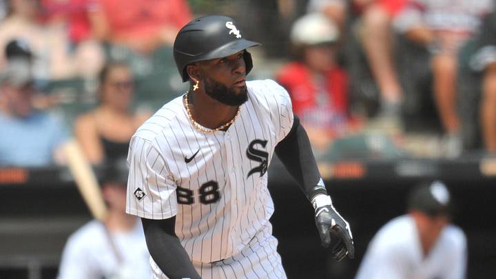 Aug 10, 2025; Chicago, Illinois, USA; Chicago White Sox center fielder Luis Robert Jr. (88) hits a single during the third inning against the Cleveland Guardians at Rate Field.