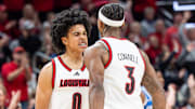 Louisville Cardinals guard Mikel Brown Jr. (0) and guard Ryan Conwell (3) celebrated after a score during first half action as the Louisville Cardinals hosted the Kentucky Wildcats at the KFC Yum! Center on Tuesday, Nov. 11, 2025.