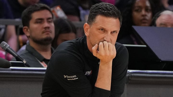Aug 22, 2025; Phoenix, Arizona, USA; Phoenix Mercury head coach Nate Tibbetts watches game action against the Golden State Valkyries in the second half at Footprint Center. Mandatory Credit: Rick Scuteri-Imagn Images Aug 22, 2025; Phoenix, Arizona, USA; Phoenix Mercury head coach Nate Tibbetts watches game action against the Golden State Valkyries in the second half at Footprint Center. Mandatory Credit: Rick Scuteri-Imagn Images