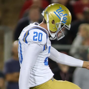 Sep 23, 2017; Stanford, CA, USA; UCLA Bruins punter Stefan Flintoft (20) during the game against the Stanford Cardinal  at Stanford Stadium. Mandatory Credit: Sergio Estrada-Imagn Images