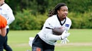 Cincinnati Bengals halfback Kendall Milton (36) runs drills during practice, Tuesday, May 6, 2025, at the Kettering Health Practice Field in Downtown Cincinnati.