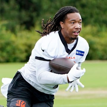 Cincinnati Bengals halfback Kendall Milton (36) runs drills during practice, Tuesday, May 6, 2025, at the Kettering Health Practice Field in Downtown Cincinnati.