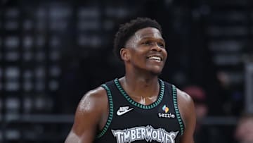 Nov 10, 2025; Salt Lake City, Utah, USA; Minnesota Timberwolves guard Anthony Edwards (5) reacts to a play against the Utah Jazz during the second half at Delta Center. Mandatory Credit: Rob Gray-Imagn Images