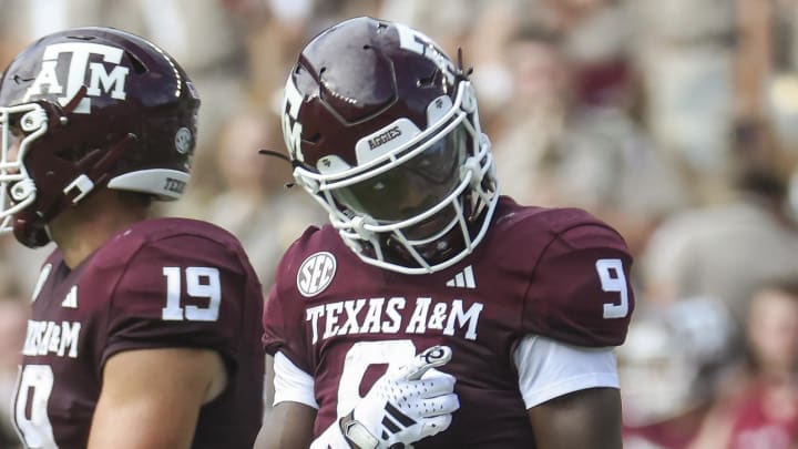 Sep 16, 2023; College Station, Texas, USA; Texas A&M Aggies wide receiver Jahdae Walker (9) reacts after a play during the second quarter against the Louisiana Monroe Warhawks at Kyle Field. Mandatory Credit: Troy Taormina-USA TODAY Sports