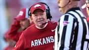 Razorbacks interim head coach Bobby Petrino during the third quarter against the Mississippi State Bulldogs at Donald W. Reynolds Razorback Stadium.