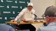 Michigan State head coach Jonathan Smith talks after a 38-13 loss to the Indiana Hoosiers in Bloomington, Ind.