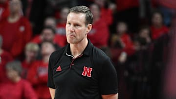 Mar 1, 2025; Lincoln, Nebraska, USA;  Nebraska Cornhuskers head coach Fred Hoiberg watches action against the Minnesota Golden Gophers during the first half at Pinnacle Bank Arena. Mandatory Credit: Steven Branscombe-Imagn Images