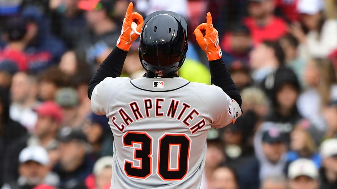 Apr 18, 2026; Boston, Massachusetts, USA;  Detroit Tigers right fielder Kerry Carpenter (30) reacts at home plate after hitting a home run during the fourth inning against the Boston Red Sox at Fenway Park. 