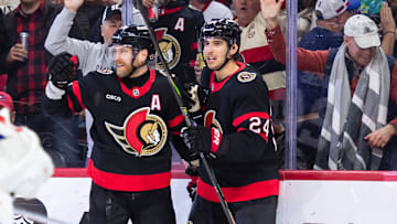 Ottawa Senators right wing Claude Giroux celebrates a goal scored by center Dylan Cozens against the Montreal Canadiens.