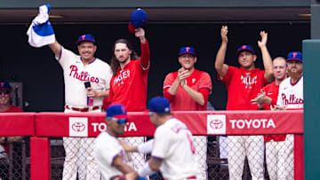 Jul 15, 2023; Philadelphia, Pennsylvania, USA; The Philadelphia Phillies bullpen react to outfielder Johan Rojas (18) double play against the San Diego Padres during the first inning at Citizens Bank Park. Mandatory Credit: Bill Streicher-Imagn Images
