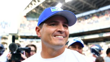 Mike Macdonald of the Seattle Seahawks smiles