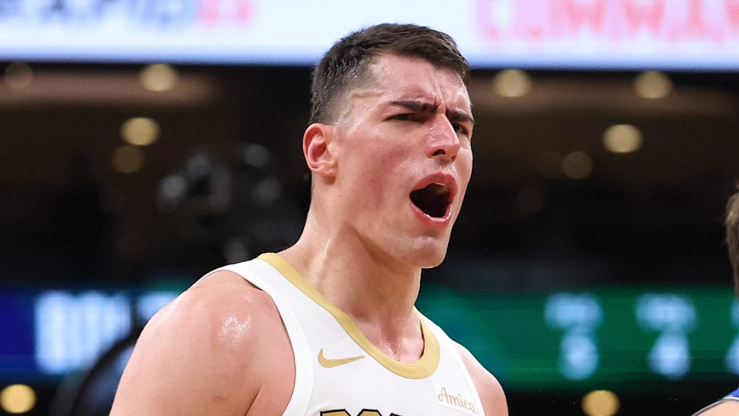 Apr 12, 2026; Boston, Massachusetts, USA; Boston Celtics forward Luka Garza (52) reacts during the second half against the Orlando Magic at TD Garden. Mandatory Credit: Paul Rutherford-Imagn Images