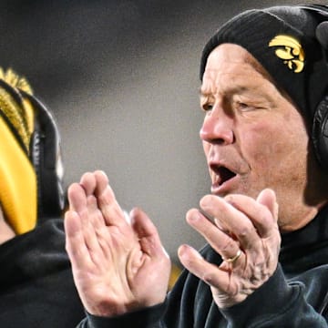 Nov 29, 2024; Iowa City, Iowa, USA; Iowa Hawkeyes head coach Kirk Ferentz reacts during the second quarter against the Nebraska Cornhuskers at Kinnick Stadium. Mandatory Credit: Jeffrey Becker-Imagn Images