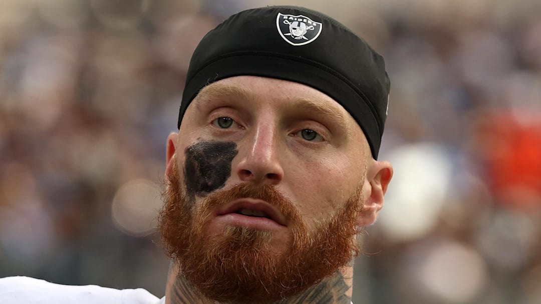 Nov 30, 2025; Inglewood, California, USA; Las Vegas Raiders defensive end Maxx Crosby (98) during the first half at SoFi Stadium. Mandatory Credit: Kiyoshi Mio-Imagn Images
