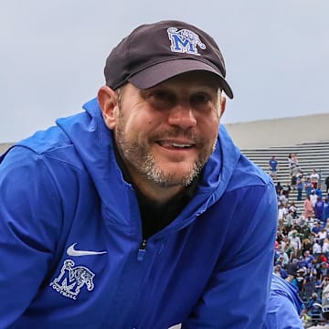 Memphis Tigers coach Ryan Silverfield reacts on the field after defeating the South Florida Bulls at Simmons Bank Liberty Stadium in Memphis on Oct. 25.