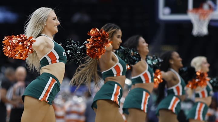 Mar 12, 2024; Washington, D.C., USA; Members of the Miami (Fl) Hurricanes dance team dance during a timeout against the Boston College Eagles in the first half at Capital One Arena. Mandatory Credit: Geoff Burke-Imagn Images
