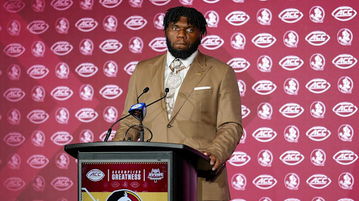 Jul 23, 2025; Charlotte, NC, USA; FSU defenseve lineman Darrell Jackson Jr.answers questions from the media during ACC Media days at Hilton Charlotte Uptown. Mandatory Credit: Jim Dedmon-Imagn Images