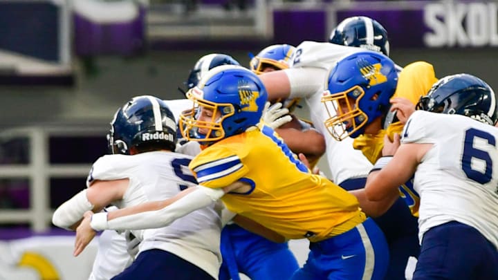 Kimball football junior Mark Schiefelbein makes a tackle behind the line of scrimmage during the Class 2A state semifinal versus Jackson County Central on Nov. 15, 2024 at U.S. Bank Stadium in Minneapolis. The Cubs lost 34-26. Kimball football junior Mark Schiefelbein makes a tackle behind the line of scrimmage during the Class 2A state semifinal versus Jackson County Central on Nov. 15, 2024 at U.S. Bank Stadium in Minneapolis. The Cubs lost 34-26.