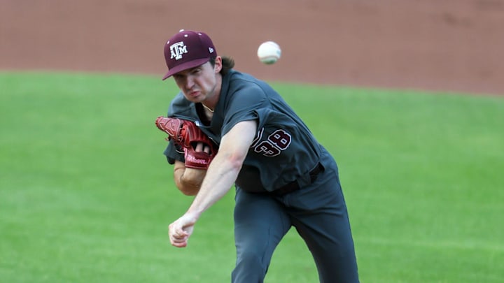 Texas A&M pitcher Shane Sdao (38) pitches during an NCAA baseball game at Condron Family Ballpark at Alfred A. McKethan Field in Gainesville, FL on Friday, April 24, 2026. [Alan Youngblood/Gainesville Sun]