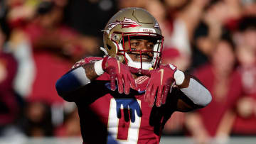 Florida State Seminoles running back Jashaun Corbin (0) celebrates a touchdown. The Florida State Seminoles defeated the Miami Hurricanes 31-28 Saturday, Nov. 13, 2021.

Fsu V Miami512