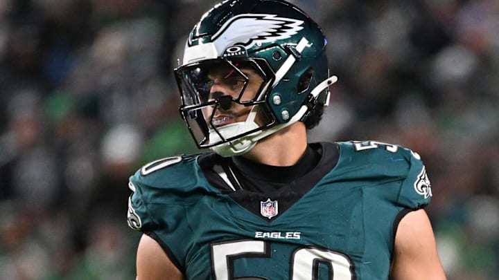 Nov 16, 2025; Philadelphia, Pennsylvania, USA; Philadelphia Eagles linebacker Jaelan Phillips (50) against the Detroit Lions at Lincoln Financial Field.