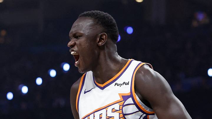 Oklahoma City, Oklahoma, USA; Phoenix Suns center Khaman Maluach (10) screams after dunking against the Oklahoma City Thunder in the first half during game two of the first round of the 2026 NBA Playoffs at Paycom Center on Apr 22, 2026.