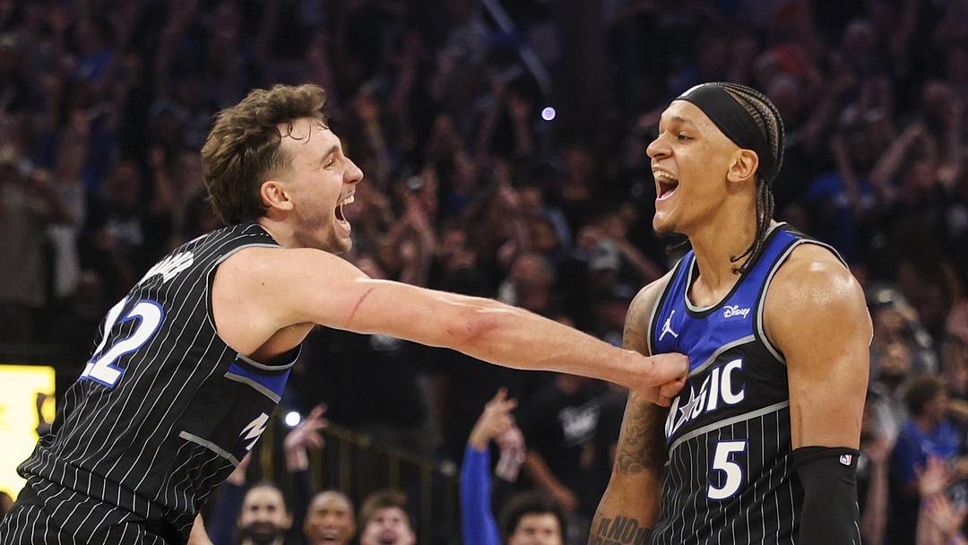 Orlando Magic forward Franz Wagner reacts to a shot by forward Paolo Banchero. Orlando Magic forward Franz Wagner reacts to a shot by forward Paolo Banchero.