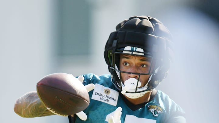 Jacksonville Jaguars tight end Evan Engram (17) pulls in a pass on the fifth day of the NFL football training camp practice session Monday, July 29, 2024 at EverBank Stadium's Miller Electric Center in Jacksonville, Fla.. [Bob Self/Florida Times-Union]