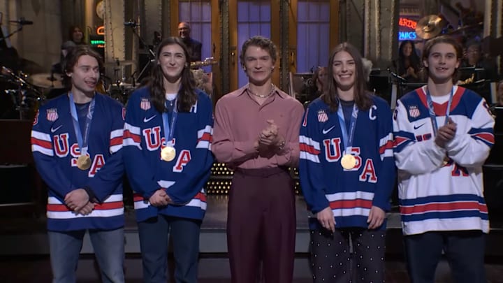 Quinn Hughes appeared on Saturday Night Live and was part of an iconic cameo apperance featuring Hillary Knight and Megan Keller.