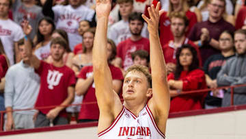 Indiana's Tucker DeVries (12) makes a three-pointer during the Indiana versus Marian men's basketball game at Simon Skjodt Assembly Hall on Friday, Oct. 17, 2025.