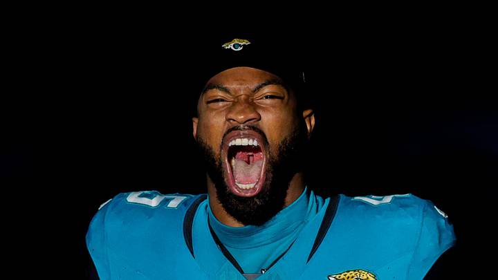 Dec 17, 2023; Jacksonville, Florida, USA;  Jacksonville Jaguars linebacker K'Lavon Chaisson (45) takes the field for a game against the Baltimore Ravens at EverBank Stadium. 