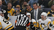Nov 14, 2023; Columbus, Ohio, USA; Pittsburgh Penguins head coach Mike Sullivan discusses a call with the referee against the Columbus Blue Jackets during the second period at Nationwide Arena. Mandatory Credit: Russell LaBounty-Imagn Images