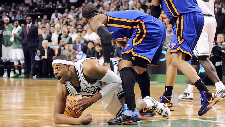 Boston Celtics small forward Paul Pierce calls a time out during the fourth quarter against the New York Knicks.