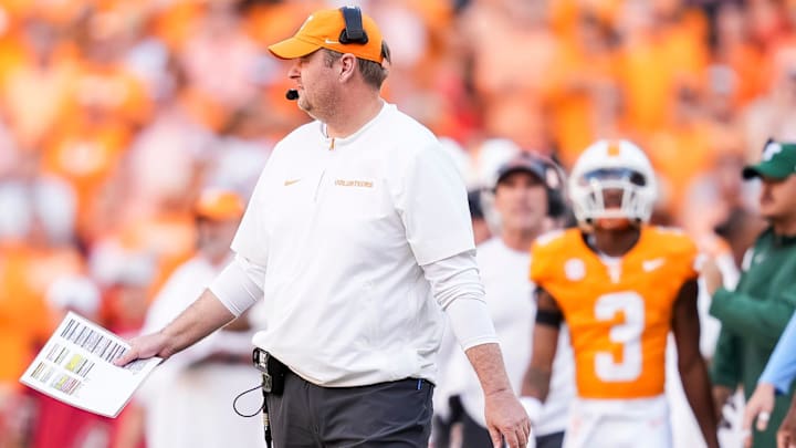 Tennessee head coach Josh Heupel during an SEC conference game between Tennessee and Alabama in Neyland Stadium on Saturday, Oct. 19, 2024. Tennessee head coach Josh Heupel during an SEC conference game between Tennessee and Alabama in Neyland Stadium on Saturday, Oct. 19, 2024.