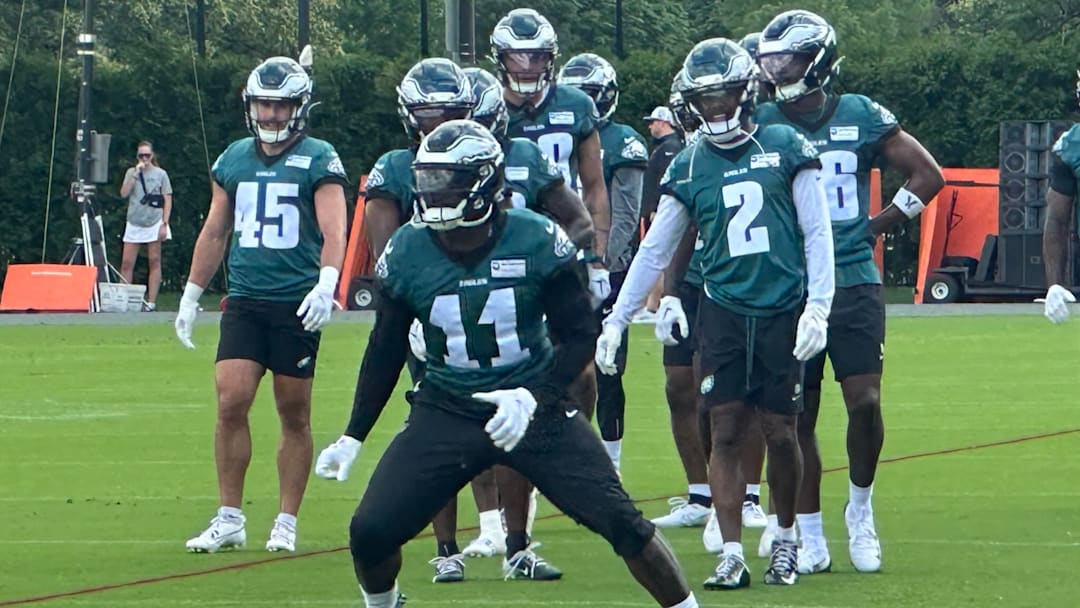 A.J. Brown leads the Eagles WRs during drills this spring. A.J. Brown leads the Eagles WRs during drills this spring.