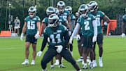 A.J. Brown leads the Eagles WRs during drills this spring.