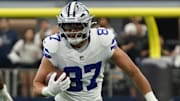 Sep 14, 2025; Arlington, Texas, USA; Dallas Cowboys tight end Jake Ferguson (87) runs with the ball against the New York Giants at AT&T Stadium. 