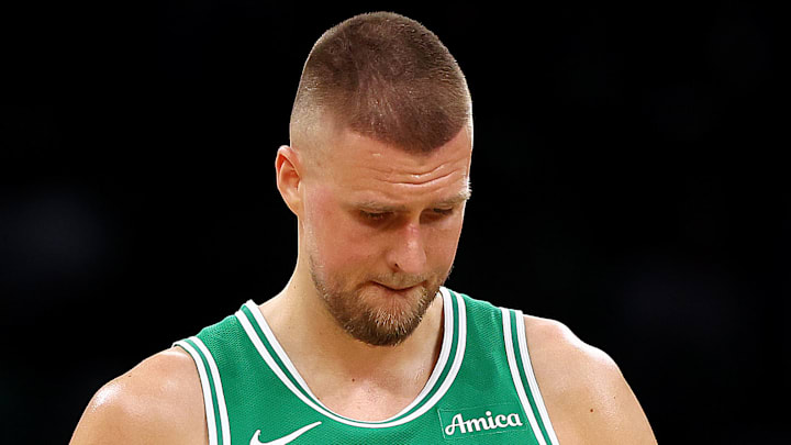 Kristaps Porzingis #8 of the Boston Celtics reacts against the Orlando Magic during the 2025 NBA Playoffs.