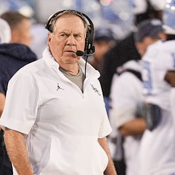 Sep 6, 2025; Charlotte, North Carolina, USA;  North Carolina Tar Heels head coach Bill Belichick during the first quarter against the Charlotte 49ers at Jerry Richardson Stadium. Mandatory Credit: Jim Dedmon-Imagn Images