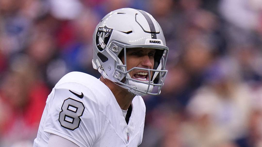 Oct 11, 2026; Foxborough, Massachusetts, USA; Las Vegas Raiders quarterback Kirk Cousins (8) reacts on the field against the New England Patriots in the first quarter at Gillette Stadium. Mandatory Credit: David Butler II-Imagn Images