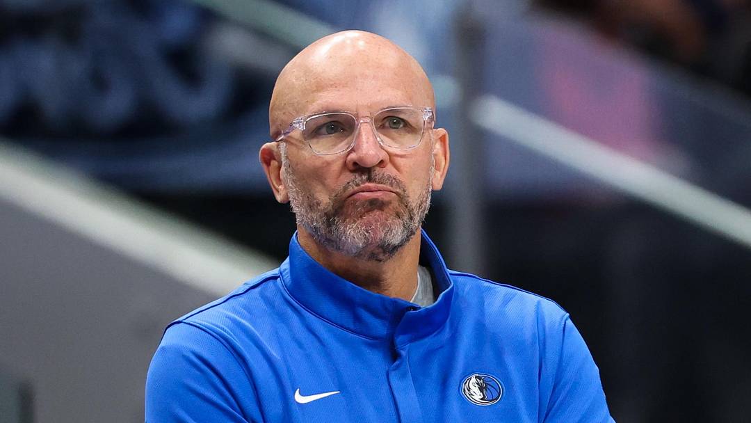 Apr 5, 2026; Dallas, Texas, USA;  Dallas Mavericks head coach Jason Kidd reacts during the first half against the Los Angeles Lakers at American Airlines Center. Mandatory Credit: Kevin Jairaj-Imagn Images