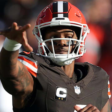 Cleveland Browns quarterback Deshaun Watson (4) makes a throw during the first half of an NFL football game at Huntington Bank Field, Sunday, Sept. 8, 2024, in Cleveland, Ohio.