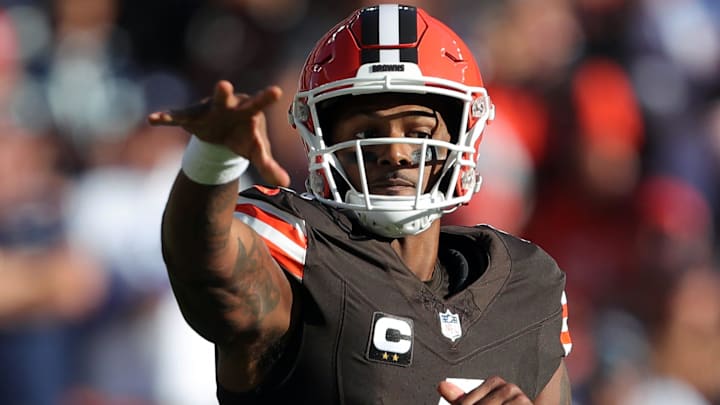 Cleveland Browns quarterback Deshaun Watson (4) makes a throw during the first half of an NFL football game at Huntington Bank Field, Sunday, Sept. 8, 2024, in Cleveland, Ohio.