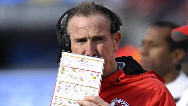 Jan 7, 2024; Inglewood, California, USA; Kansas City Chiefs defensive coordinator Steve Spagnuolo looks on during the first half against the Los Angeles Chargers at SoFi Stadium. Mandatory Credit: Orlando Ramirez-Imagn Images