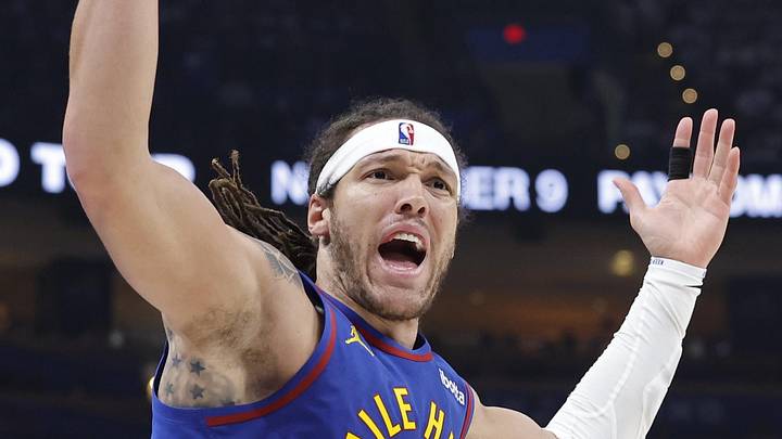 May 13, 2025; Oklahoma City, Oklahoma, USA; Denver Nuggets forward Aaron Gordon (32) reacts after a play against the Oklahoma City Thunder during the second quarter of game five of the second round for the 2025 NBA Playoffs at Paycom Center. Mandatory Credit: Alonzo Adams-Imagn Images