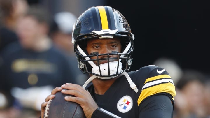 Aug 9, 2024; Pittsburgh, Pennsylvania, USA;  Pittsburgh Steelers quarterback Russell Wilson (3) warms up before playing the Houston Texans at Acrisure Stadium. 