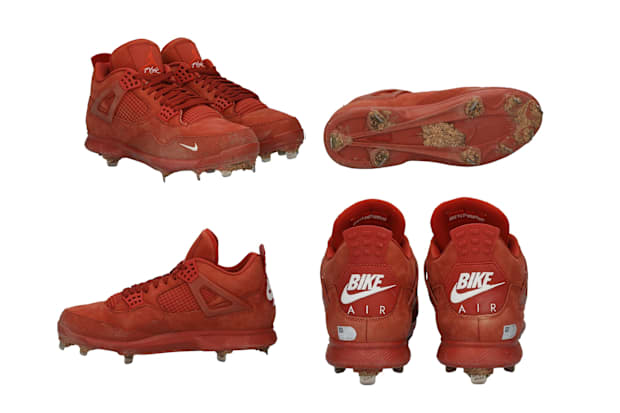 Mookie Betts' red and white Air Jordan cleats.