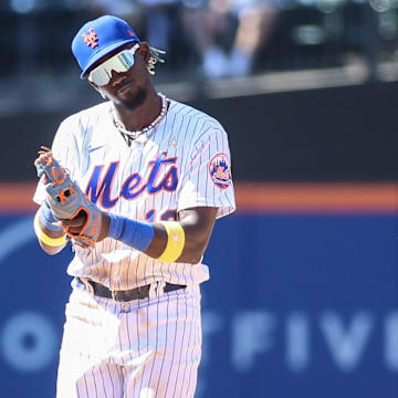 Sep 3, 2023; New York City, New York, USA;  New York Mets second baseman Ronny Mauricio (10) reacts after making a double play in the fifth inning against the Seattle Mariners at Citi Field. Mandatory Credit: Wendell Cruz-Imagn Images