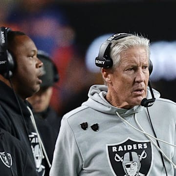 Nov 6, 2025; Denver, Colorado, USA; Las Vegas Raiders head coach Pete Carroll during the first half at Empower Field at Mile High. Mandatory Credit: Isaiah J. Downing-Imagn Images